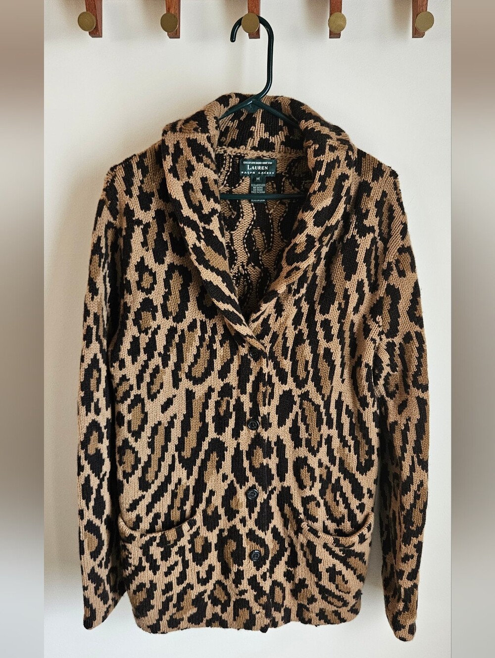 Lauren Ralph Lauren Black & Tan Leopard Shawl-Collar Lambswool Cardigan